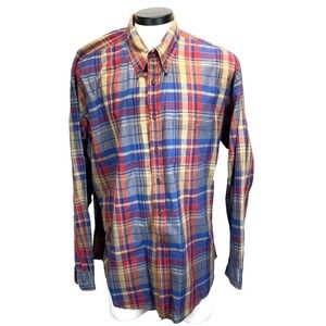 NORSPORT Men's Size XXL Button-Down Shirt Long Sleeve Plaid Indigo Dyed to Fade